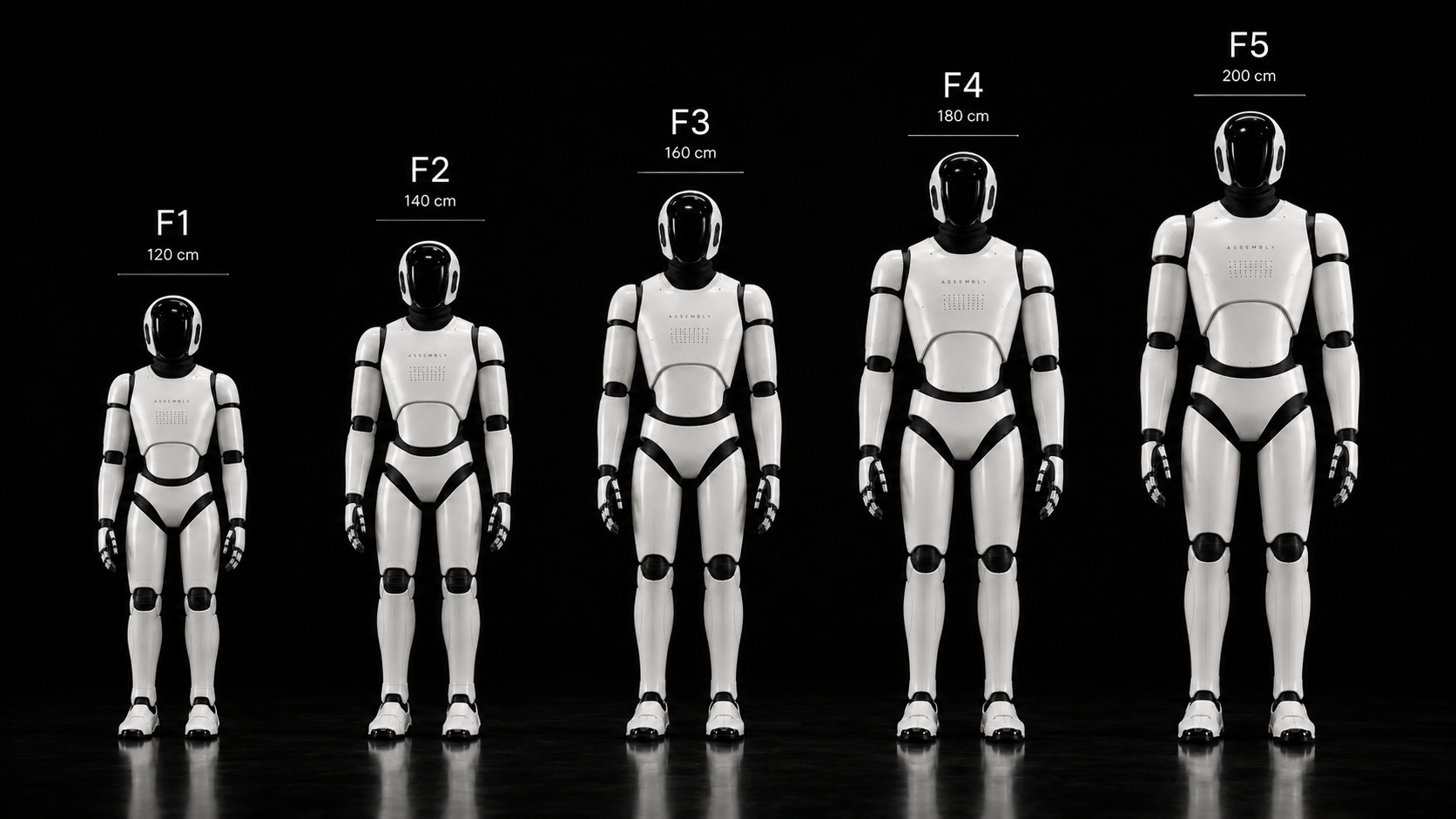 Assembly F1, F2, F3, F4 and F5 shown side by side at scale