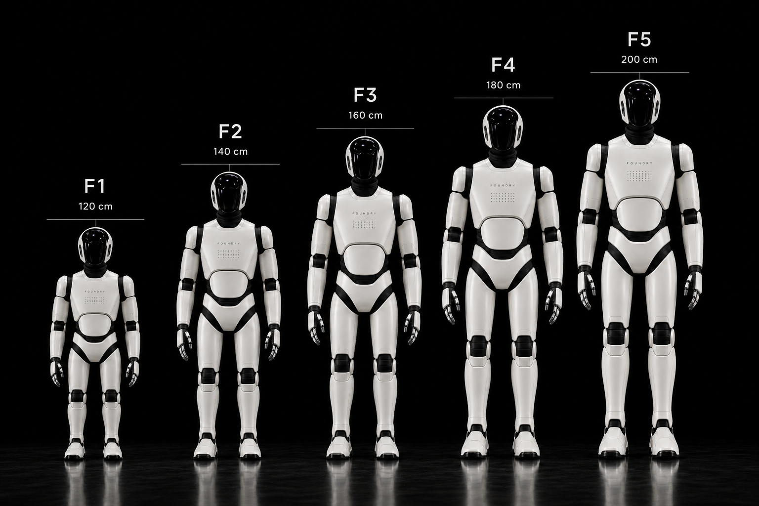 Assembly F1, F2, F3, F4 and F5 shown side by side at scale